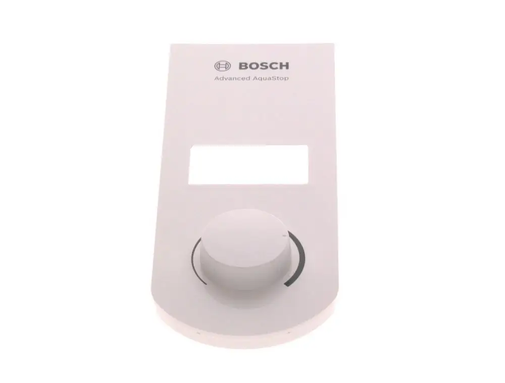 Weiße Blende mit Drehregler und rechteckiger Öffnung, beschriftet mit "Bosch" und "Advanced AquaStop". Eignet sich zur Verwendung in bestimmten Bosch-Geräten.